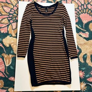H&M sweater dress. Longsleeve, gold, and navy